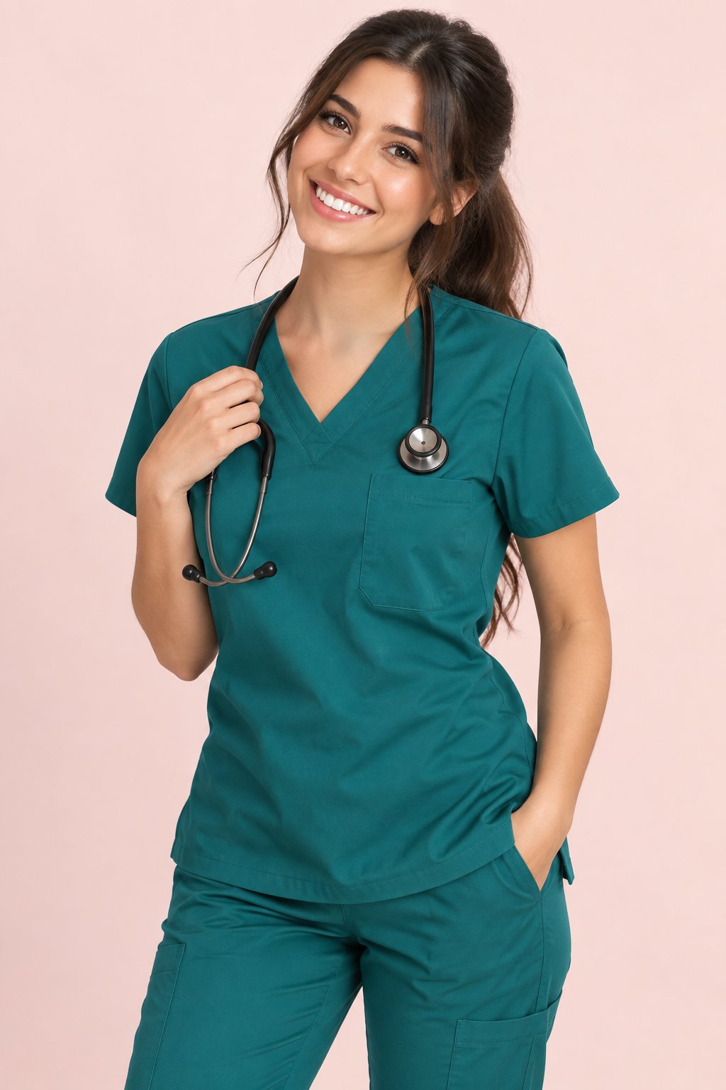 Smiling young nurse in teal Mustanira scrubs with a stethoscope