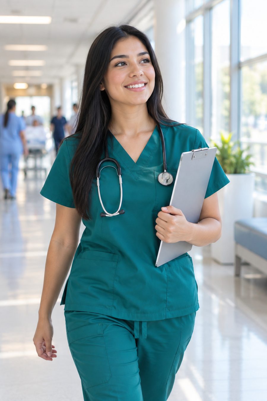 Smiling new nurse walking down a hospital corridor